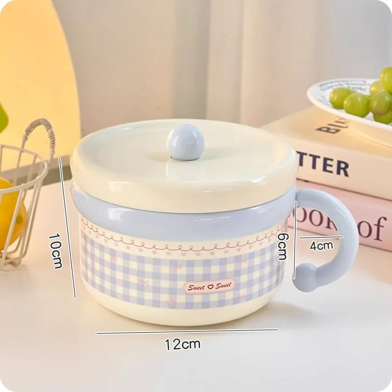 Tazón de ramen Kawaii pastel a cuadros con tapa
