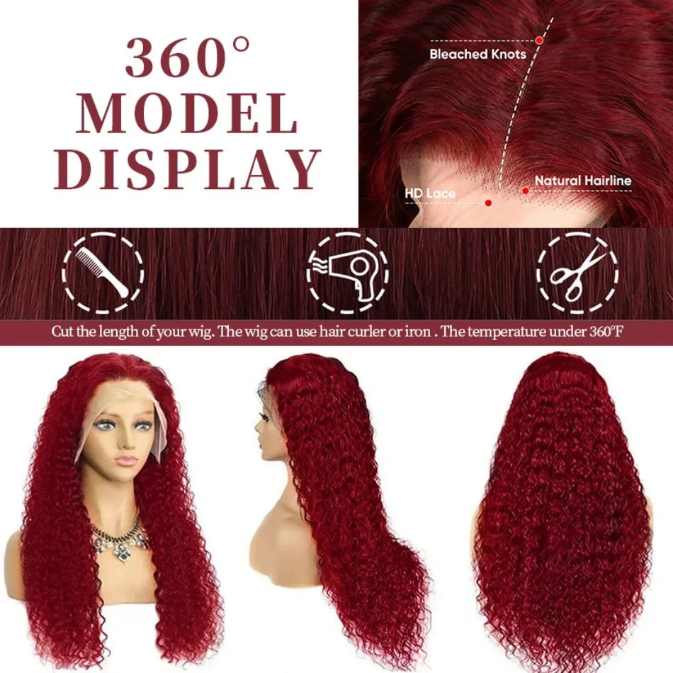 36 38 Inch Burgundy 13x6 hd Lace Frontal Wig Water Wave Curly 13x4 Red Remy Human Hair Brazilian 99J Colored Hair Wigs for Women