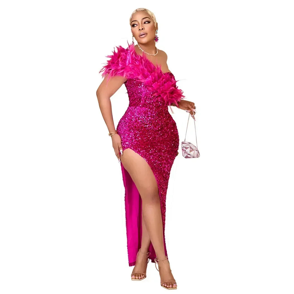 Vestido de Noche Largo con Abertura, Lentejuelas de Plumas de un Hombro, para Fiesta de Graduación, Elegante de Lujo para Celebridades, Club Nocturno, Vestidos Ajustados Sexys