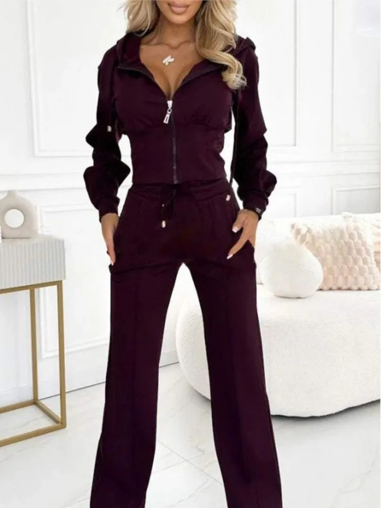 Autumn Winter Hooded Zipper 2 Piece Sweatsuit Women Casual Sets Sweatshirt Jacket With Elastic Waistband & Wide Leg Pants Set
