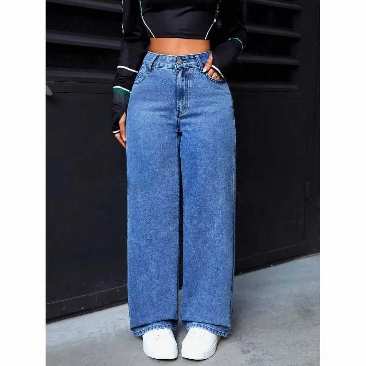 Fashion Solid Color High-Waisted Straight-Leg Jeans Women Loose Pockets Jeans Suitable Daily Casual Jean