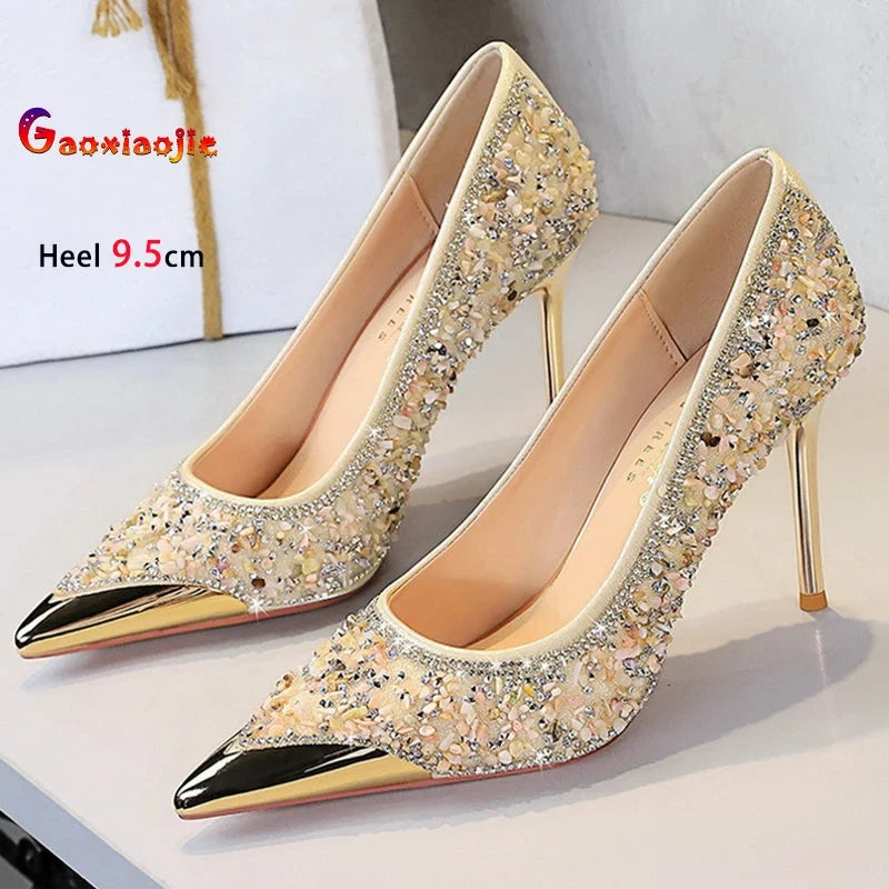 Shiny Crystal Apricot High Heels 9.5cm Women's Shoes Thin Heels Metal Pointed Ladies Pumps Shallow Slip On Stiletto Party Shoes