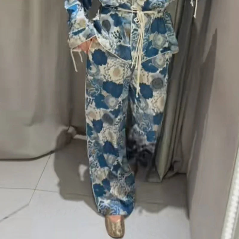 Casual Women's Printed Blouses Pant Set Loose Long Sleeve Lapel Lace Up Blouse Wide Leg Pockets Pants 2026 Autumn Lady Suit