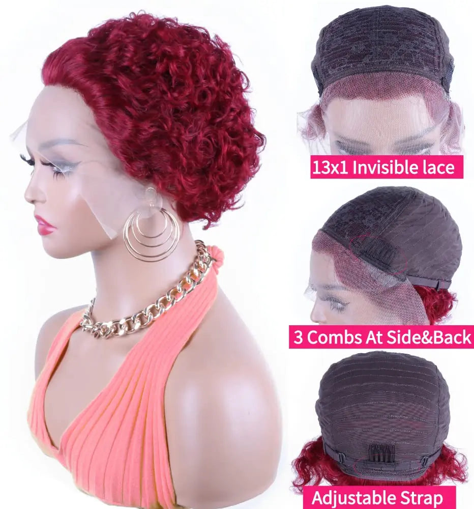 Peluca Pixie Cut de 6 pulgadas Cabello Humano 99J Pelucas Bob Cortas Rizadas Pelucas Frontales de Encaje 13x1 Cabello Humano Pelucas Pixie Cut Pelucas Para Mujeres Negras