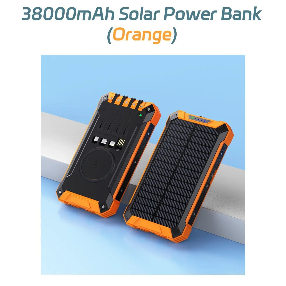 Solar Power Bank 38000mAh, Portable Solar External Battery Pack Built-in 4 Cable, 22.5W Portable Charger for Camping and Outdoor