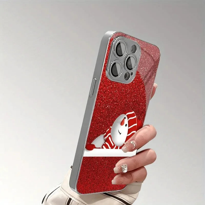 Funda de TELÉFONO con diseño de Papá Noel, muñeco de nieve, patrón navideño, de cristal galvanizado, para iPhone 11/12/13/14/15/16/17 Pro MAX