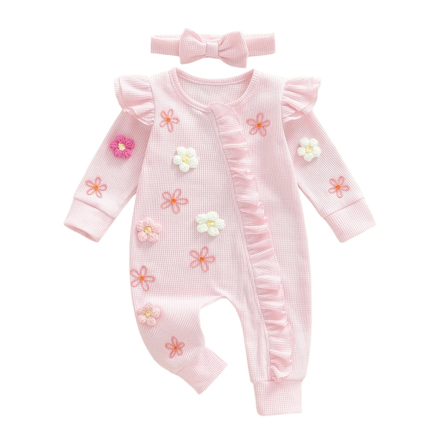 Citgeett Autumn Infant Baby Girl Fall Outfits Long Sleeve Flower Ruffle Jumpsuit Zipper Jumpsuit Headband Clothes Set