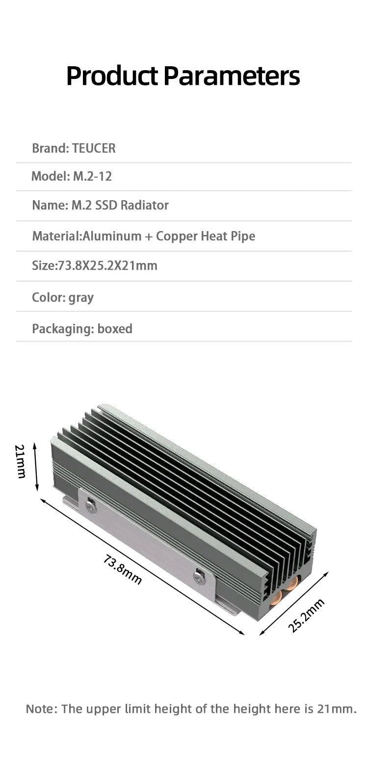 TEUCER M.2 NVMe 2280 SSD Heatsink Dual Copper Tube High Efficiency Radiator with Double-sided SSD Thermal Pad