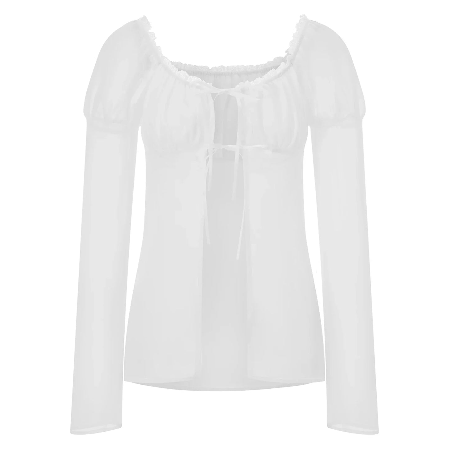 Spring Summer Women Solid Color Split Tie Front Tops See Through Frill Trim Square Neck Long Puff Sleeve Mesh Shirts