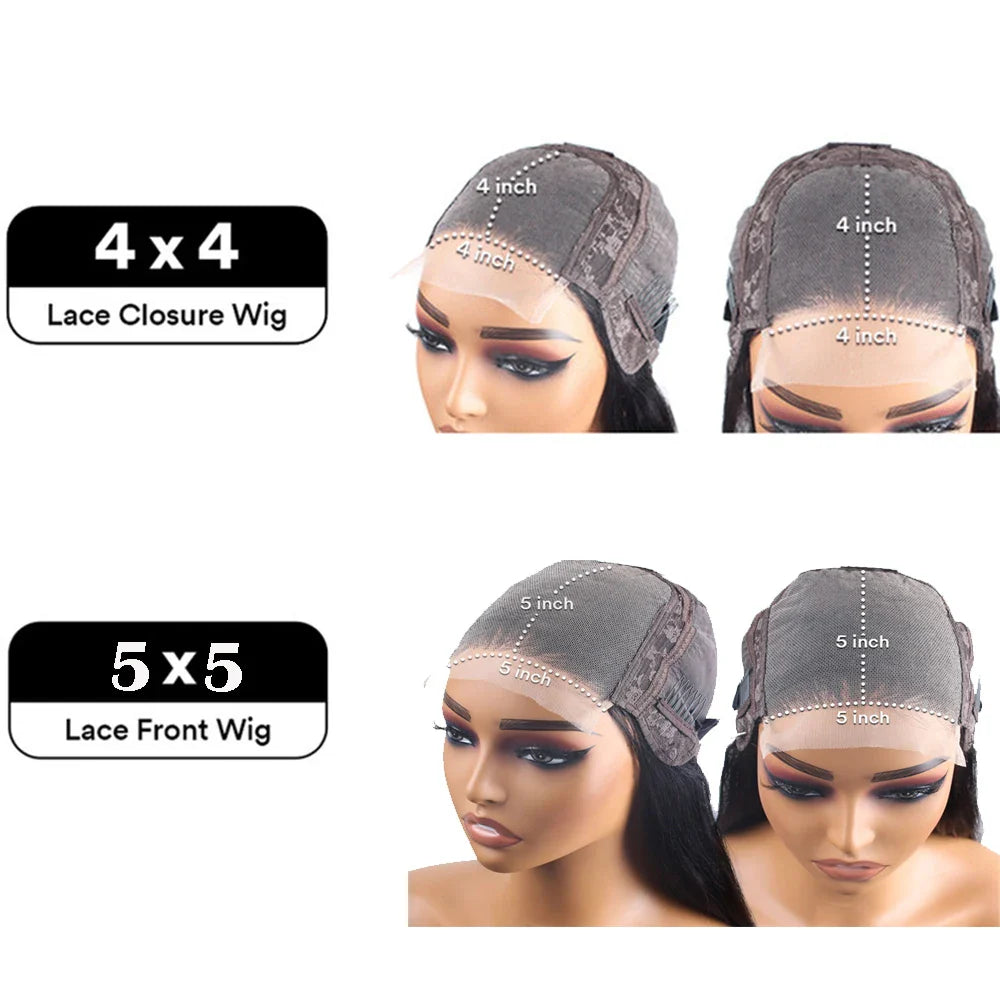 Peluca de cierre de encaje liso 5x5 sin pegamento 200% de densidad, cabello humano para mujer, pelucas de cierre pre-depiladas HD transparente 4x4
