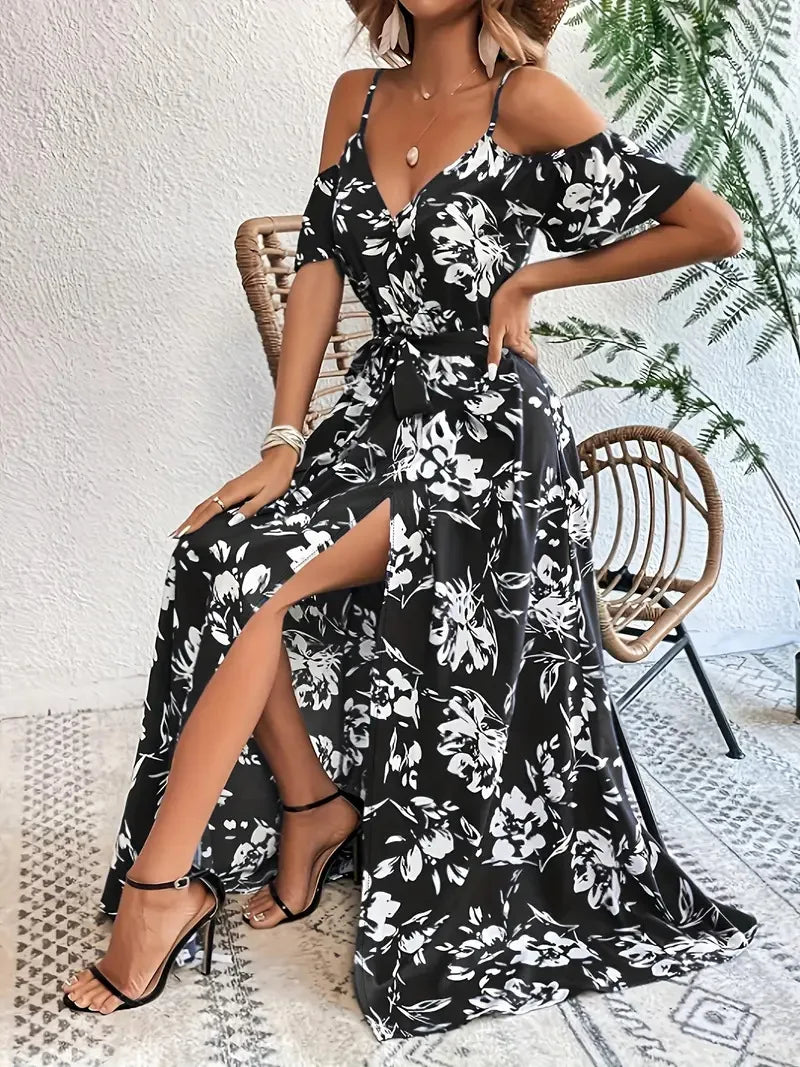New Summer Women Print Dress 2025 Fashion Elegant Vacation Party Short Sleeve Slim V-neck Slit Long Dresses Vestidos Para Mujer