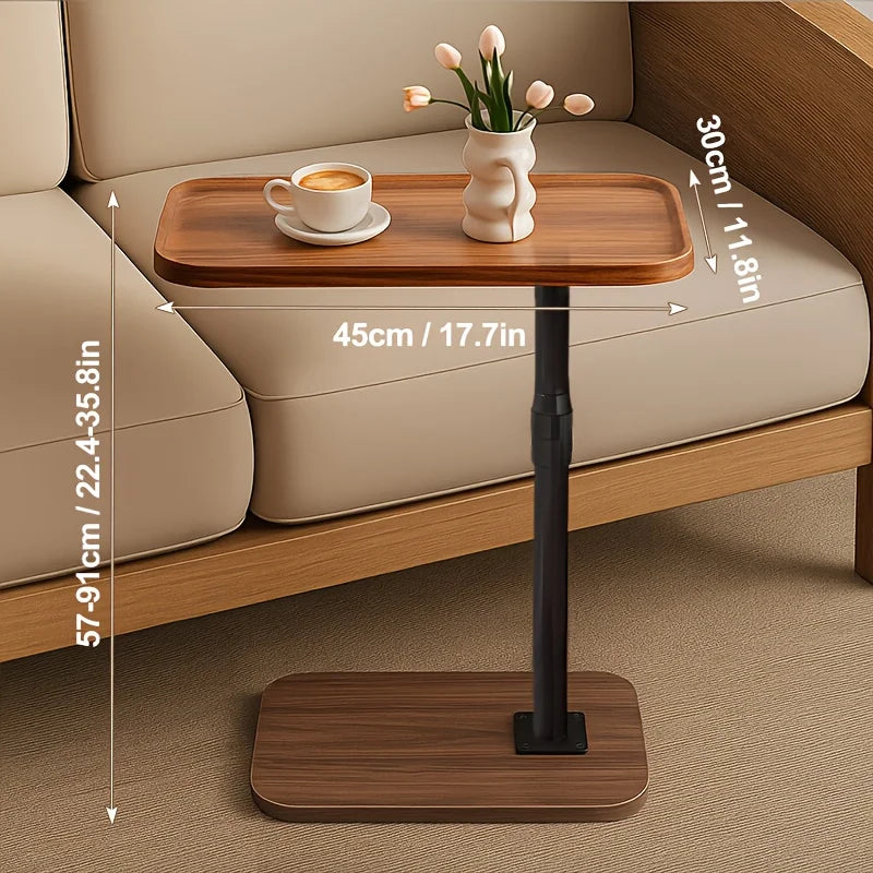 Adjustable Height Side Table, Wood Grain Sofa Couch End Table with Anti-Slip Groove Lip, Freestanding Height Adjustable Laptop Snack Table, Carbon Steel Frame Side Desk for Bedroom Living Room Small Space