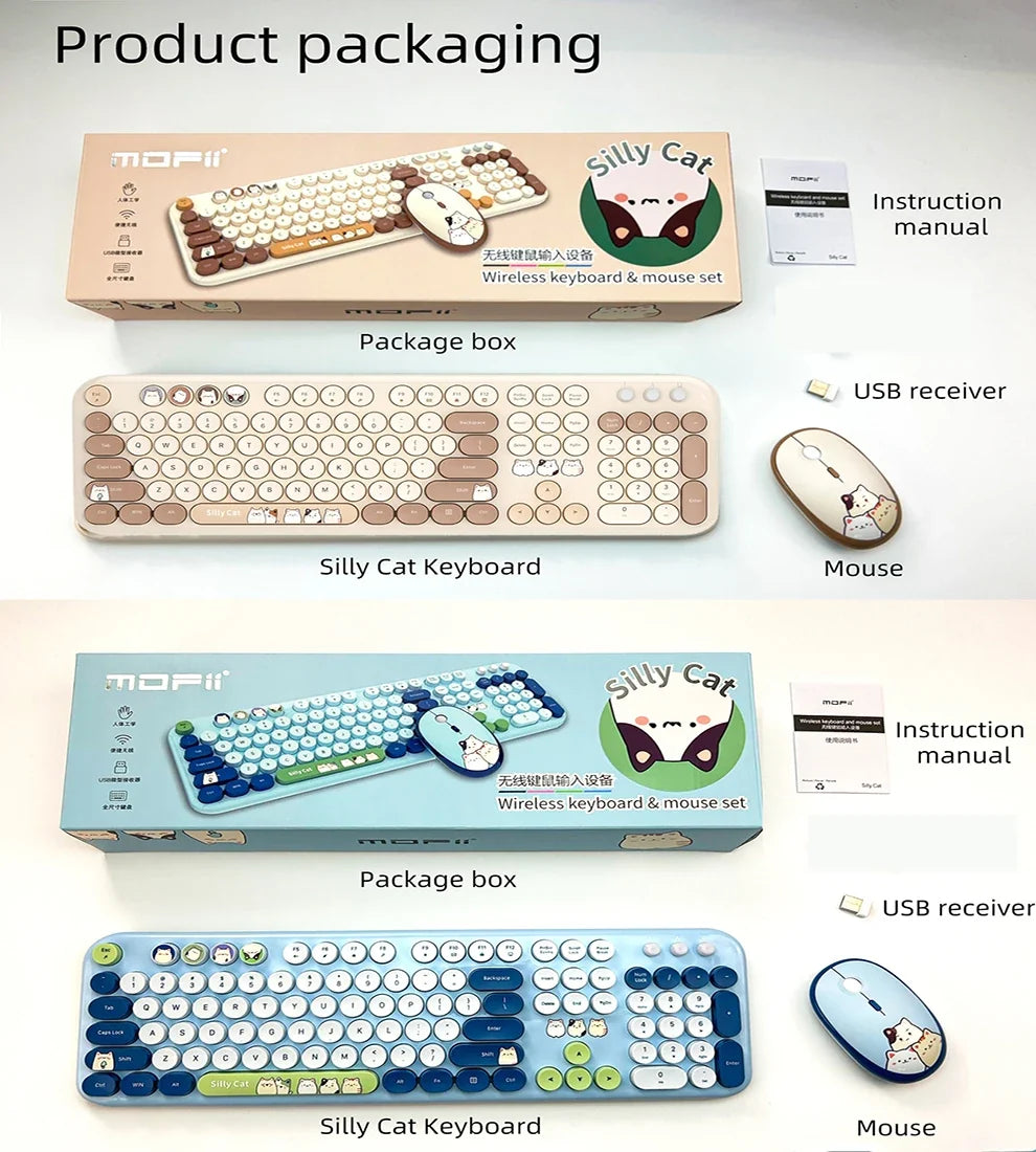 Full Size Wireless Keyboard Mouse Combo 104 Keys Retro Cute Cat Design Plug and Play Keyboard Mouse Set for Windows 7/8/10/XP