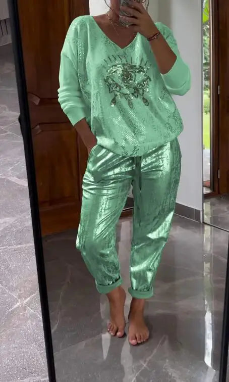 Plus-size Suit Women's Casual Fashion Metal Eye Decoration Long-sleeved Shirt Casual Pants Plus-size Women's Clothing 2025
