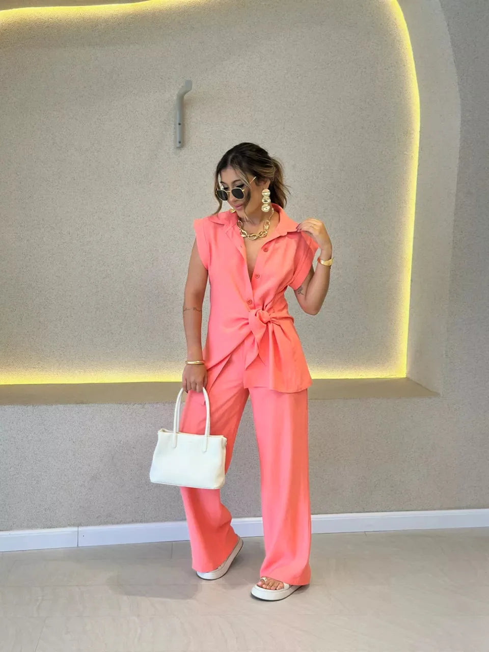 Fashion Solid Color Pants Sets Women Three-point Sleeve Leace-up Shirts Trousers Two Piece Set Simple All-match Lady Clothing