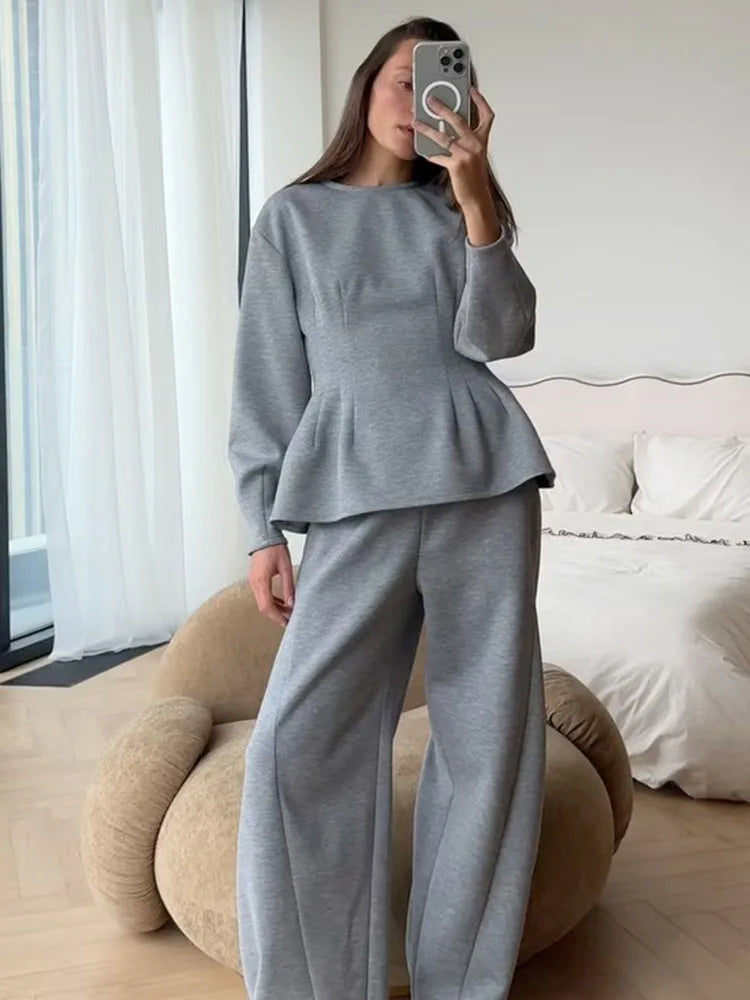 BJTZ 2026 Spring Autumn Women Solid Crew Neck Long Sleeve Top Wide Leg Pants 2 Piece Set Casual Tracksuit Outfits