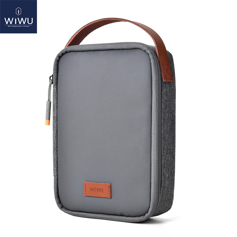 WiWU Travel Electronic Organizer Case for MacBook Power Adapter Charger Cables Power Bank Tech Pouch Leather Handle Portable Bag