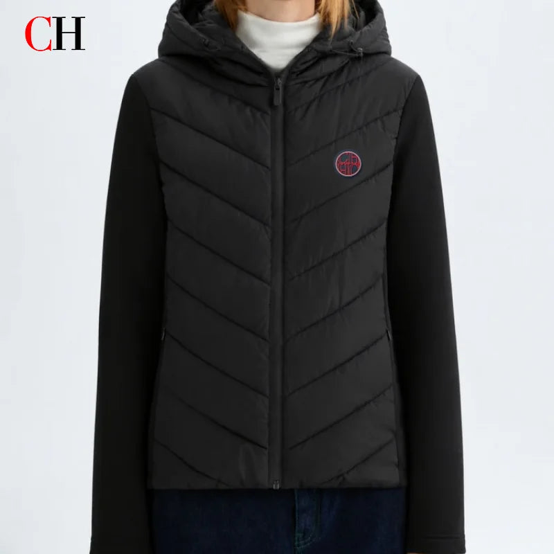CH Womens Circular Chest Patch Badge Chevron Quilted Hooded Puffer Jacket Panel Sleeves Daily Commute Wear