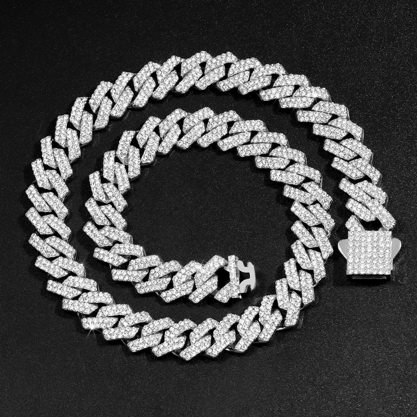 14mm Iced Out Prong Cuban Link Chain Necklace for 2 Row Rhinestone