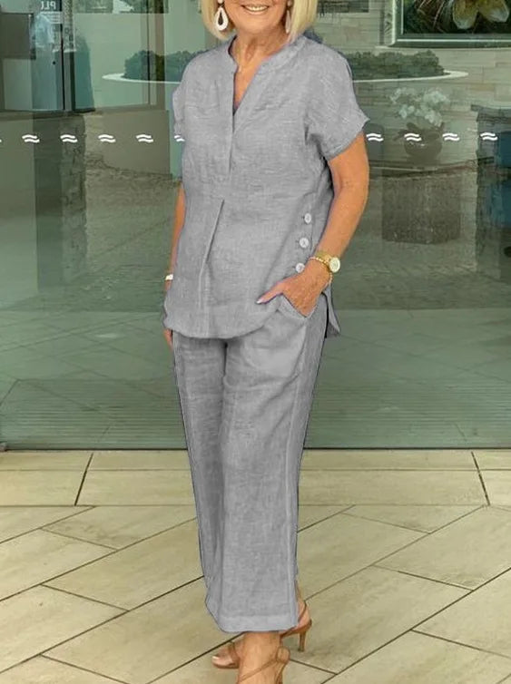 New Summer Women's Short-sleeve Tops Pants Casual Two-piece Suit Fashion Elegant Office Solid Holiday 2-piece Set Women Clothes
