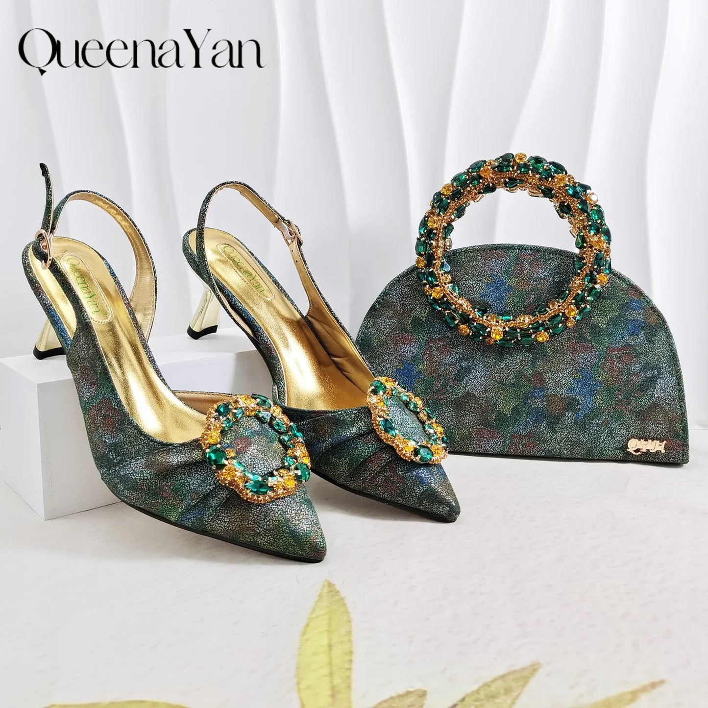 Multicolor Glitter Rhinestone Ring Handle Evening Clutch And Women High Heels Shoes Set Wedding Party Matching Bag