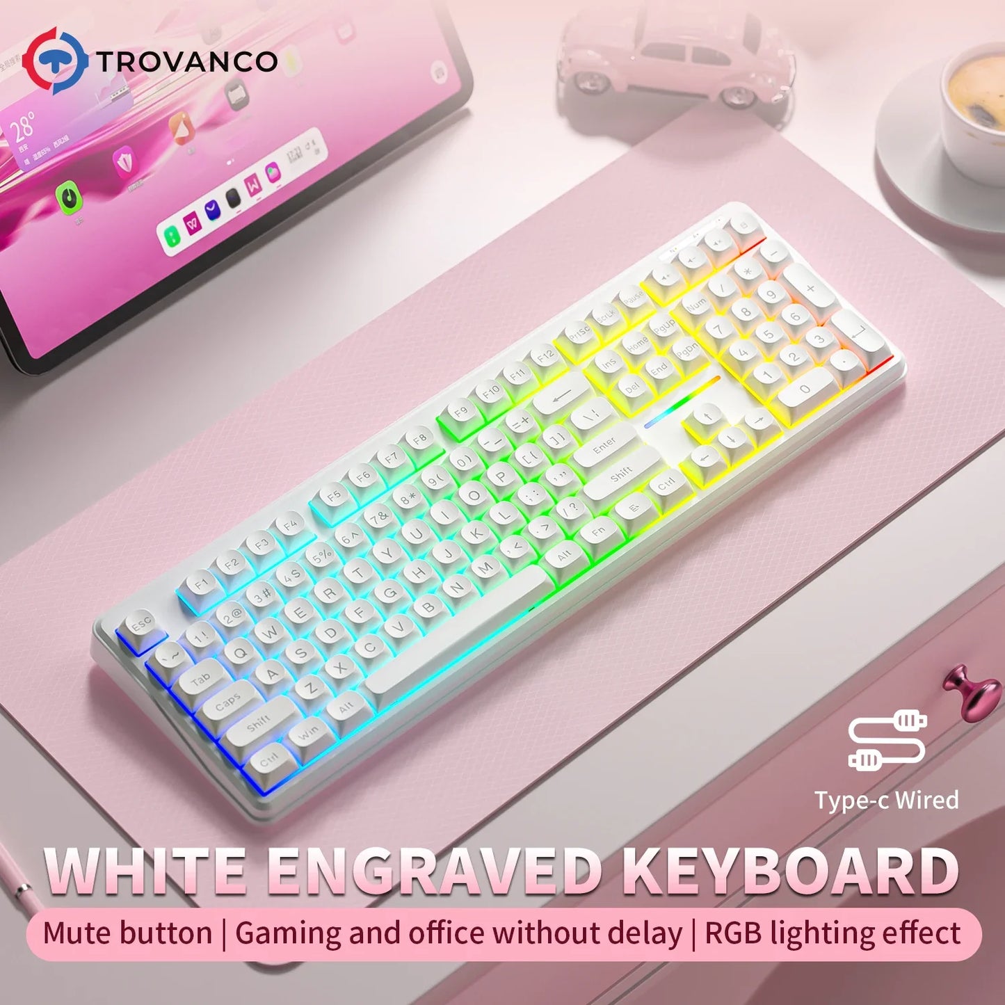 V108 Bluetooth Keyboard Office Low Noise 2.4G Wired&Wireless Full Layout with RGB Backlit Membrane