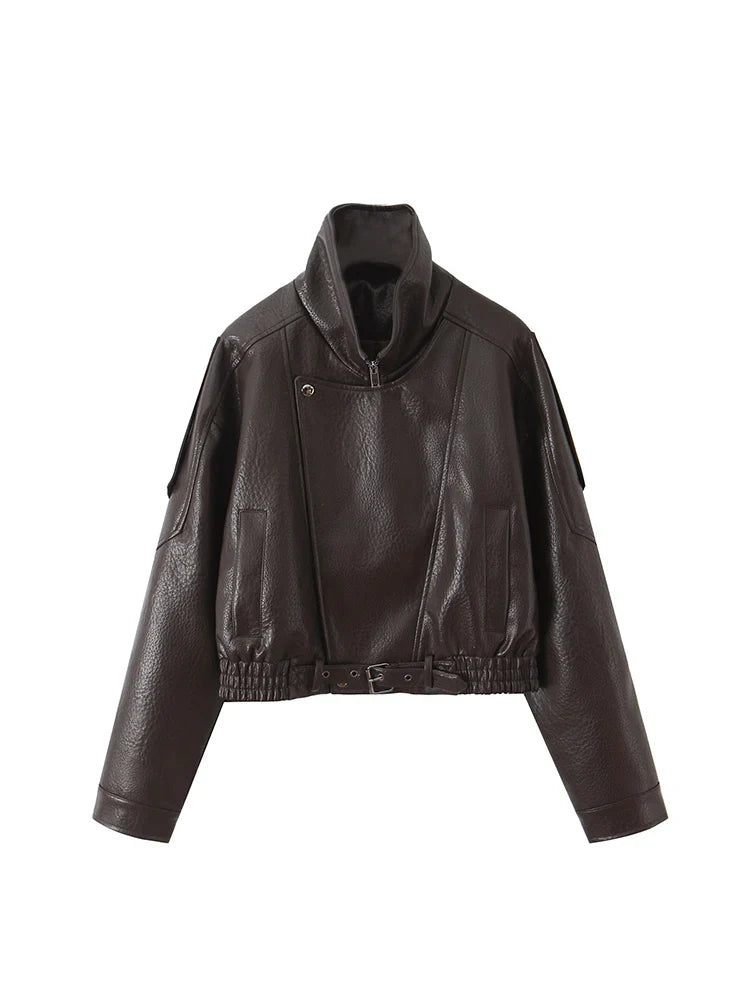 Ailegogo New Women Vintage Loose Black Short Faux Leather Jacket Streetwear Female Zipper Belt Coat Outwear