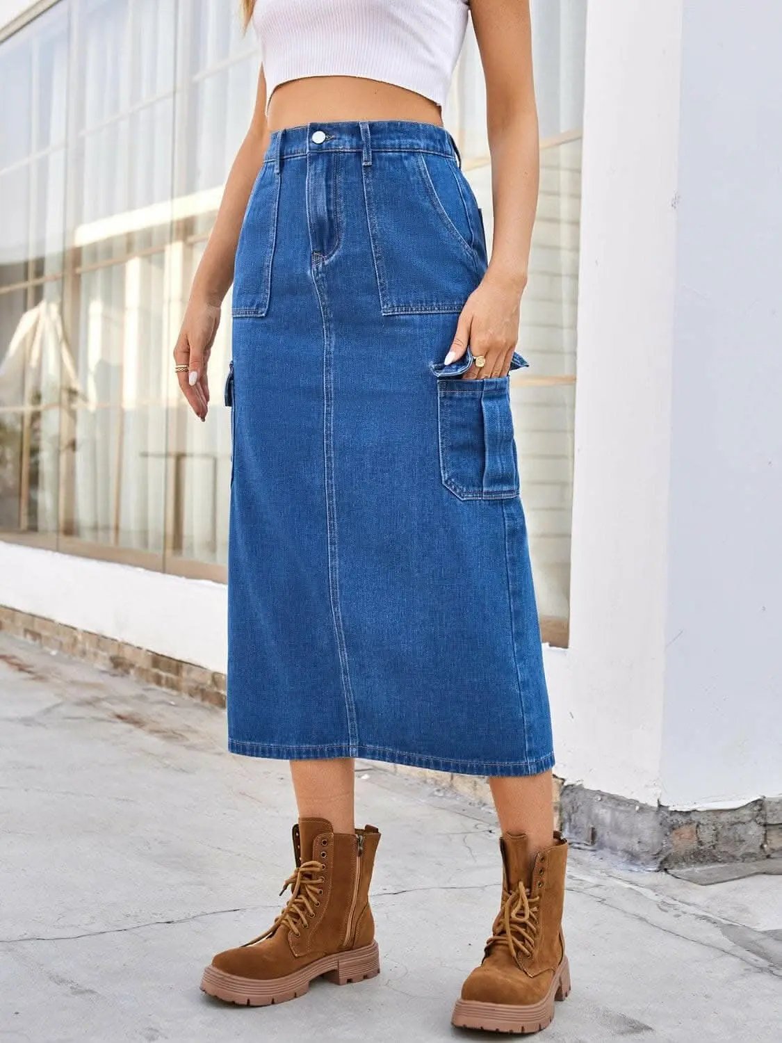 Accessories Trendsi Slit denim midi skirt with pockets