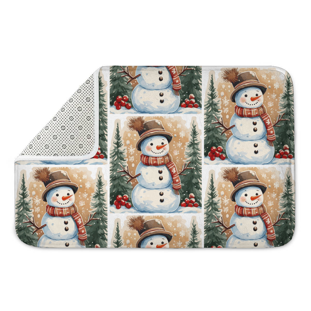 Happy Snowman Scene with Pine Trees Flannel Bath Mat