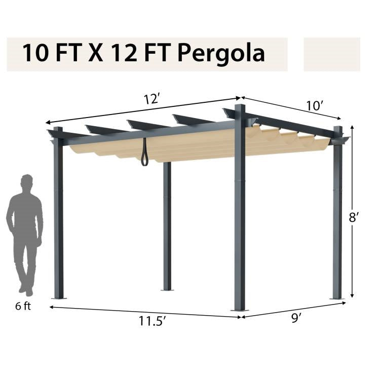 Pérgola de cenador moderna y resistente de 3 x 3,6 m para exteriores con toldo retráctil beige