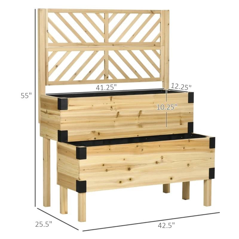 Macetero elevado de madera natural de 2 niveles con drenaje automático y enrejado
