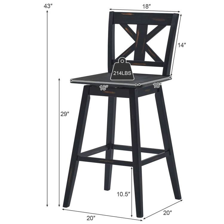 Juego de 2 taburetes de bar modernos de madera negra de 29 pulgadas con asiento giratorio para cocina o comedor estilo rústico