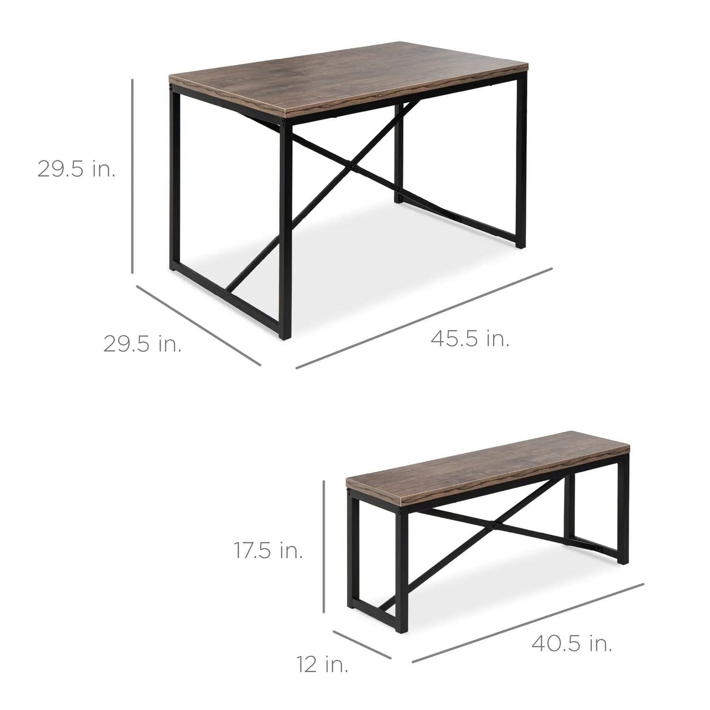 Juego de comedor moderno de 3 piezas con mesa de estructura metálica y cubierta de madera, y 2 bancas