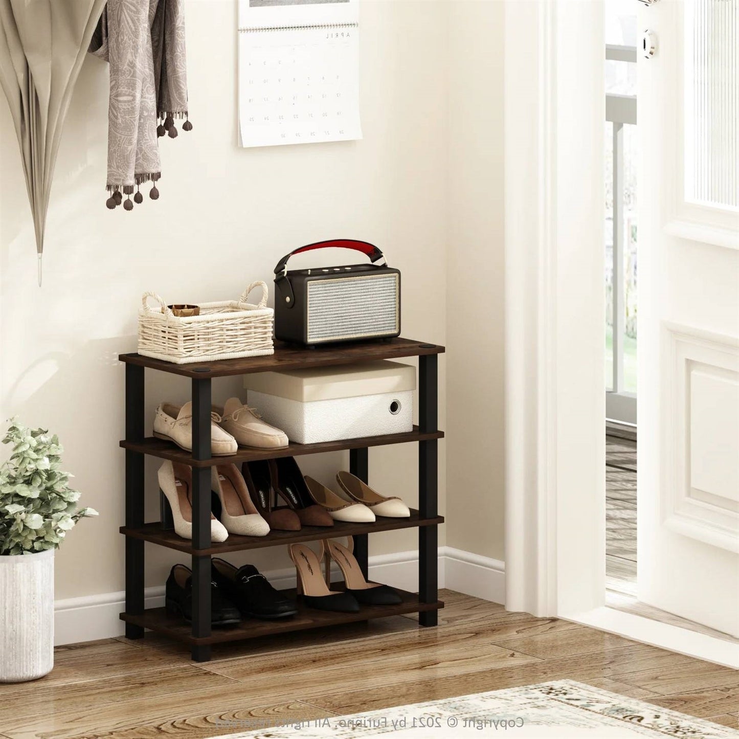 Zapatero de madera apilable de 4 estantes en negro-marrón - Capacidad para hasta 12 pares de zapatos