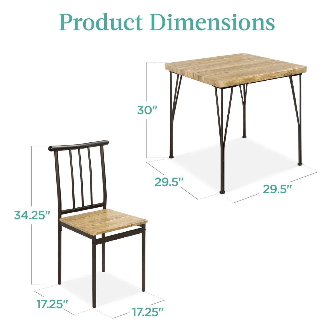 Juego de comedor moderno de 3 piezas con estructura metálica, mesa con tablero de madera y 2 sillas