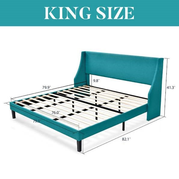 Cama tapizada tamaño King con cabecero de lino y alas, en color turquesa