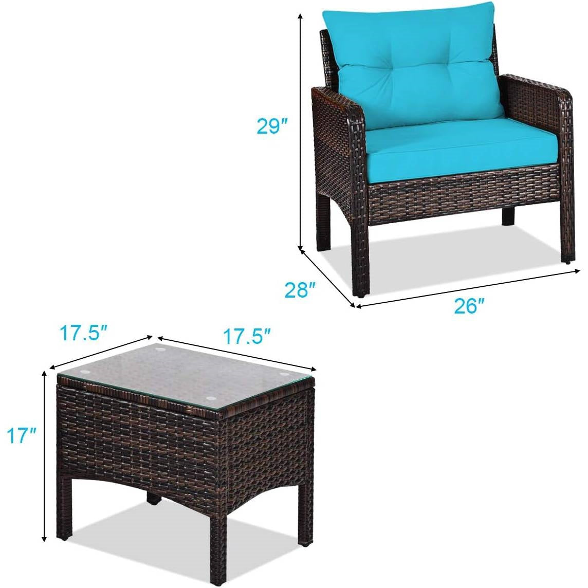 Juego de comedor de 3 piezas para patio exterior de ratán PE marrón con cojines turquesa