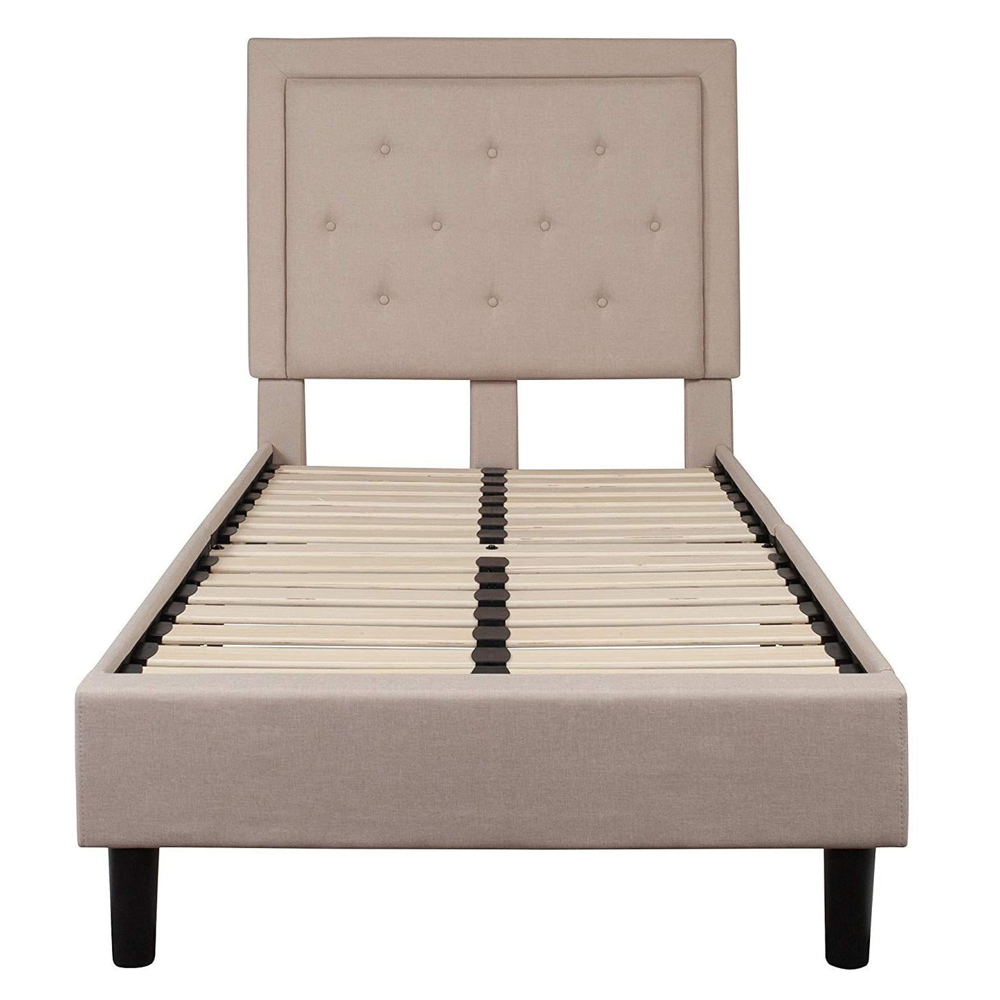 Cama de plataforma tapizada en tela beige individual con cabecero capitoné