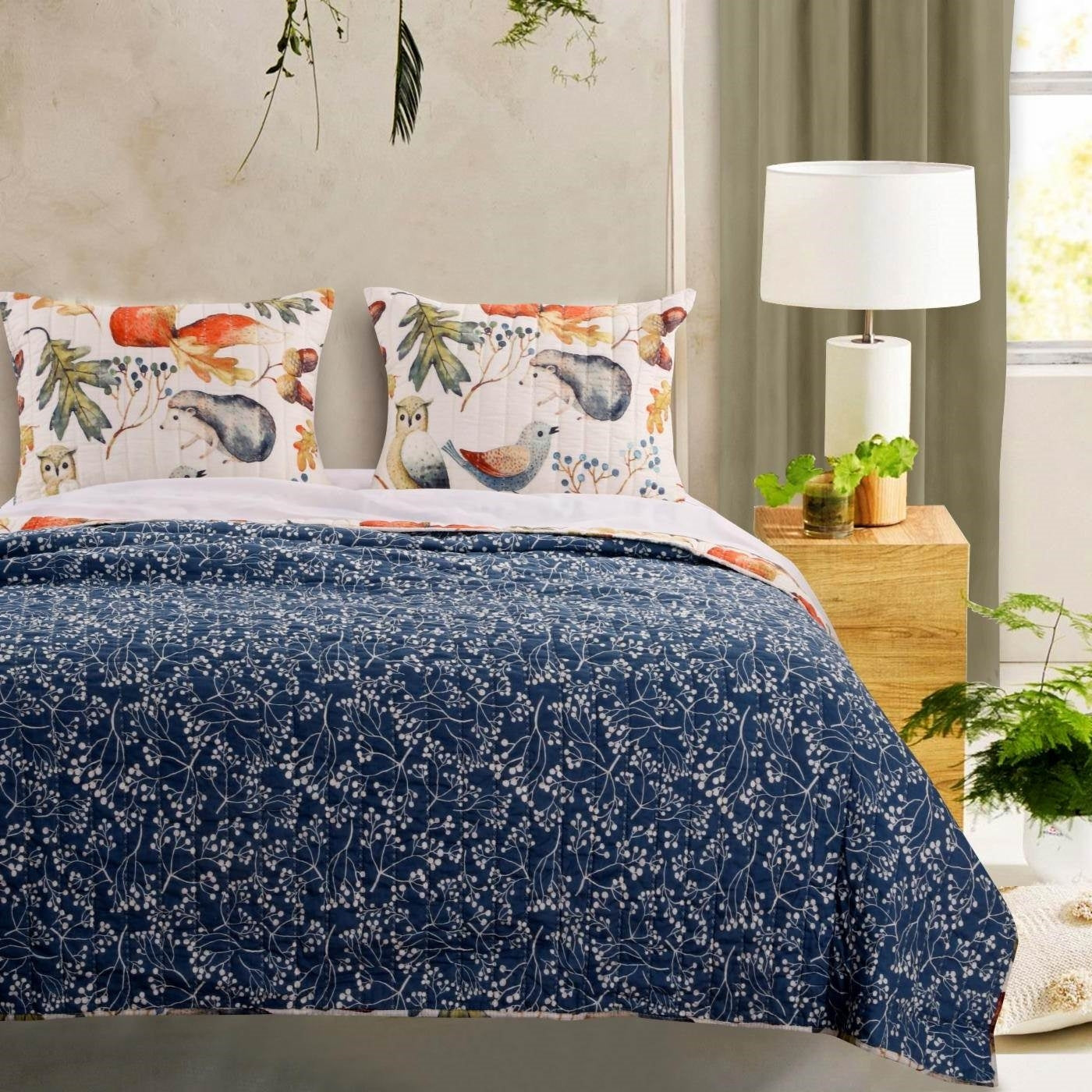 Juego de colcha reversible de 2 piezas individual con diseño floral, de pájaros y animales, en azul y beige