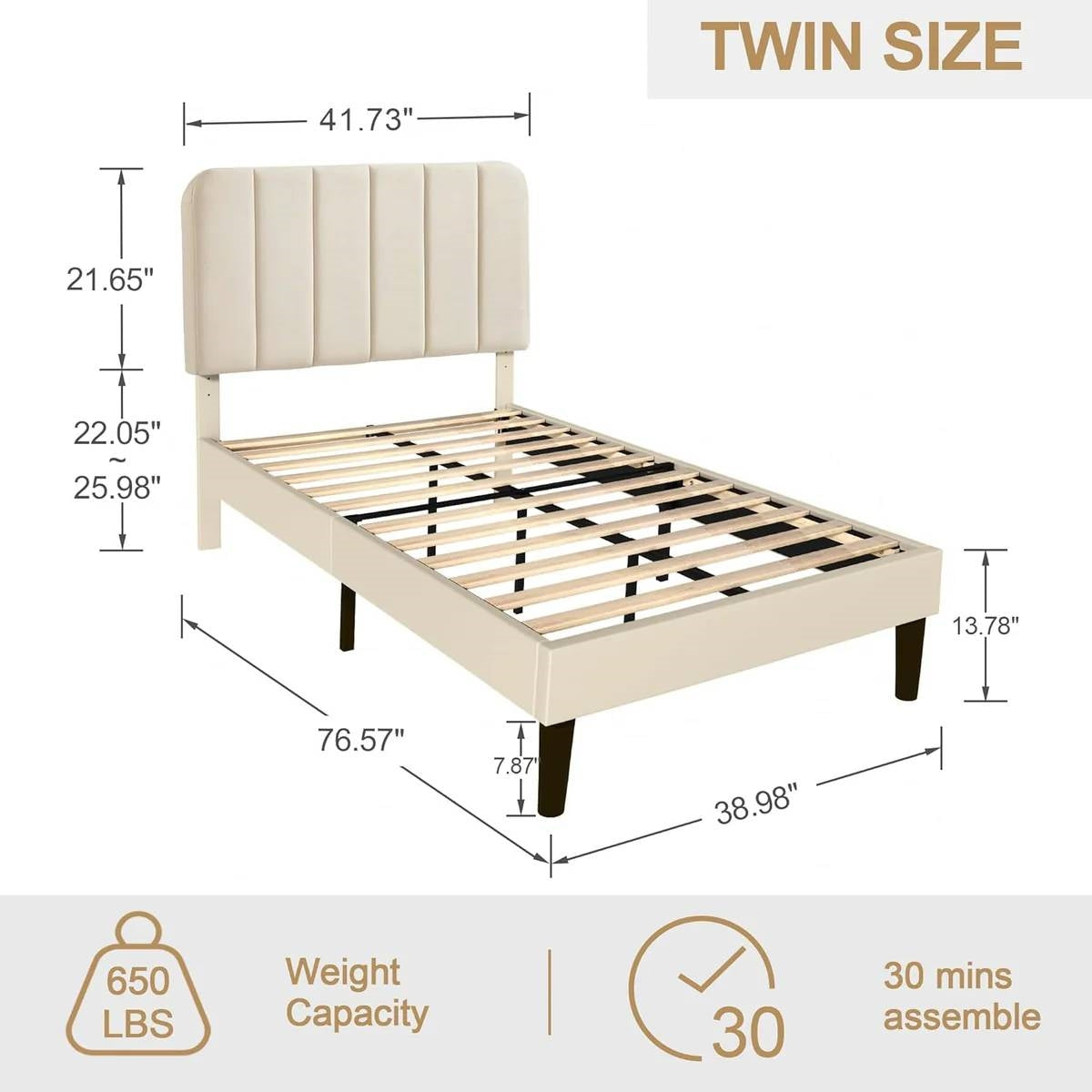 Base de cama tapizada color beige tamaño Twin con cabecero