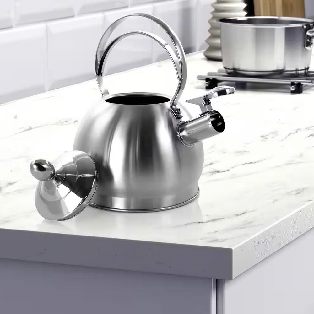Tetera silbadora de acero inoxidable de 3 cuartos con boquilla y tapa abatibles