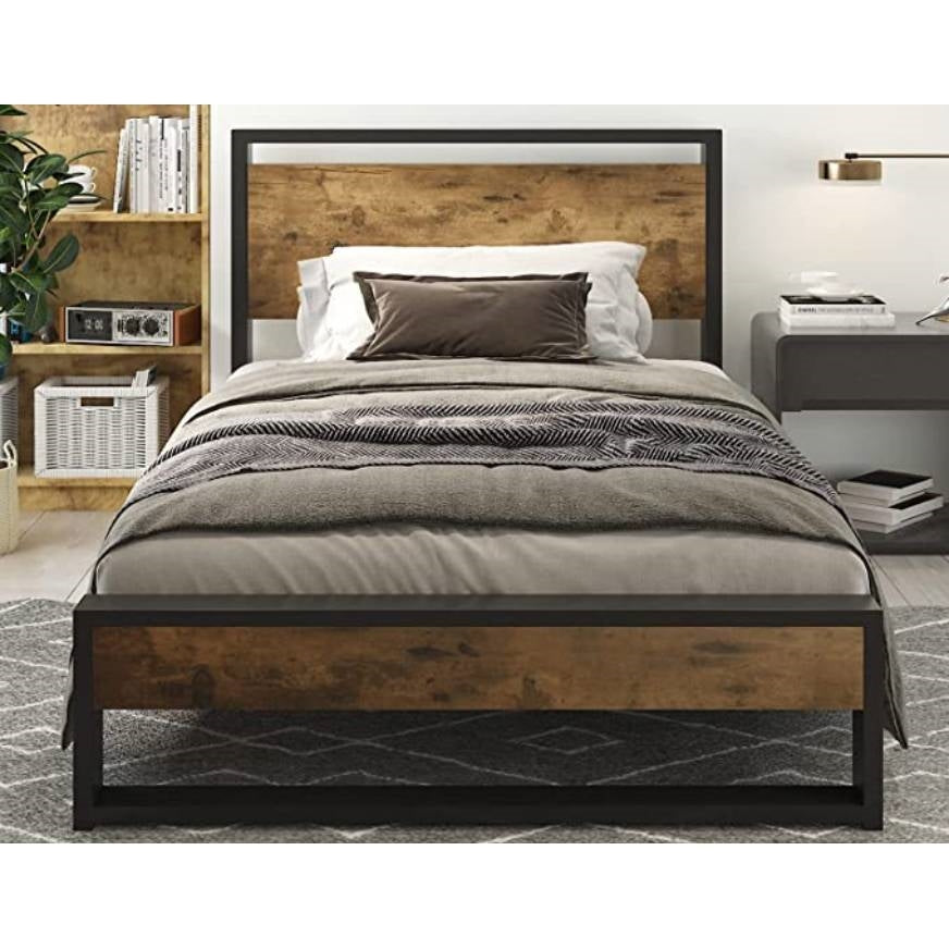 Base de cama de plataforma moderna estilo rústico doble con cabecera y piecera de paneles de madera