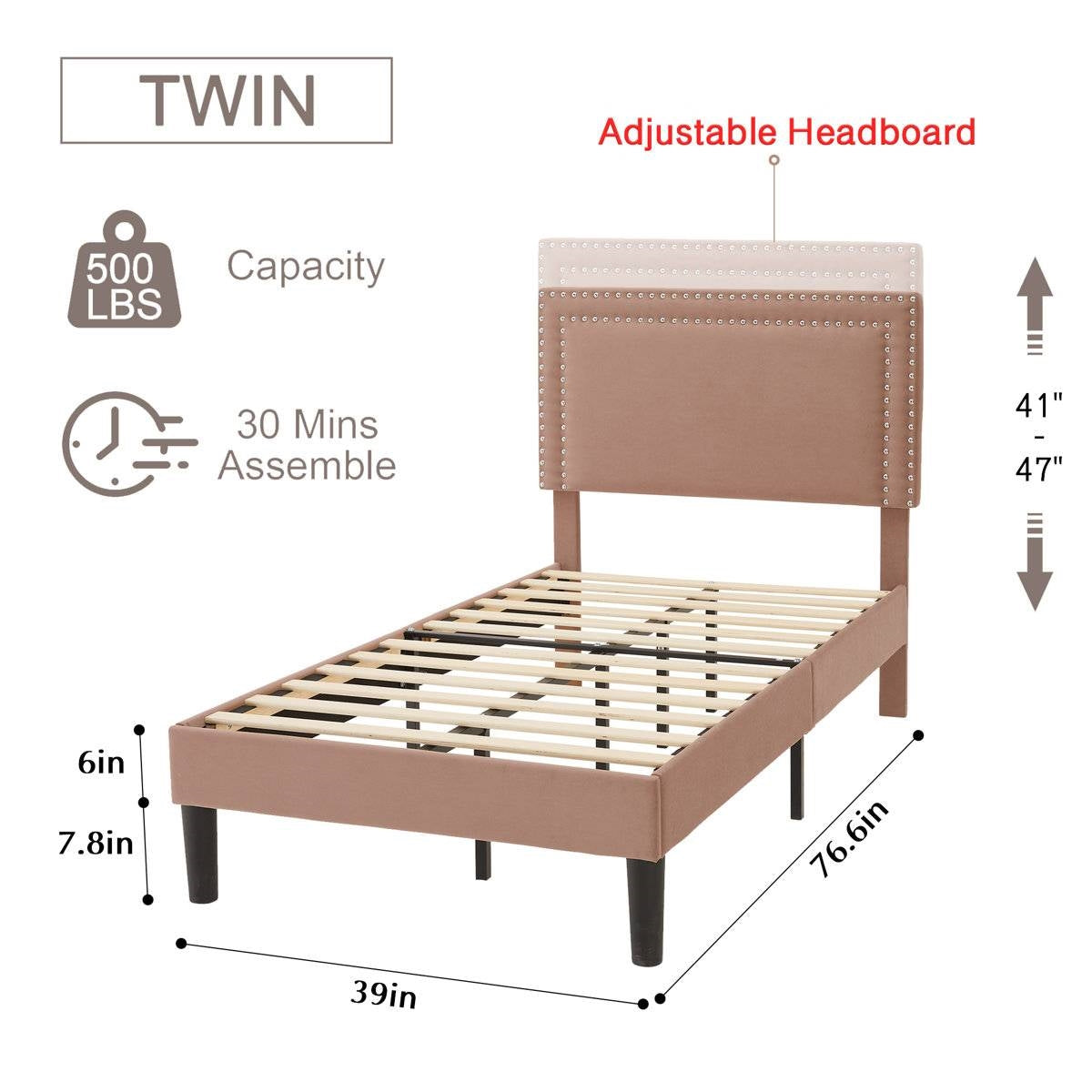 Juego de 2 - Cama de plataforma tapizada con botones, tamaño Twin, color marrón tostado, con cabecera