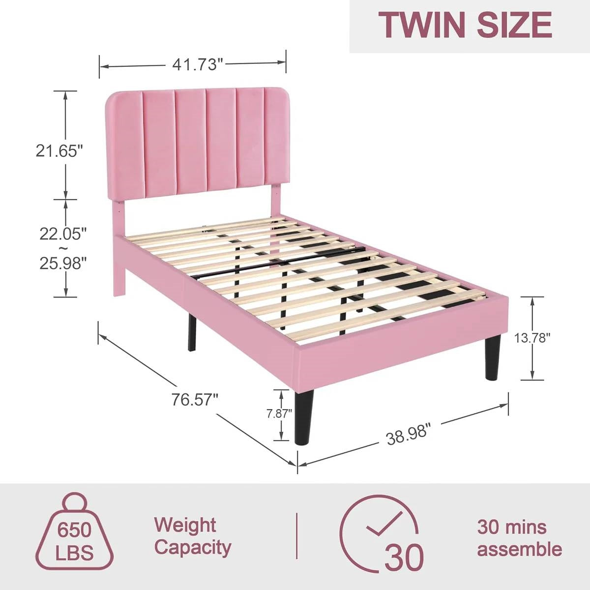 Estructura de cama de plataforma tapizada rosa tamaño Twin con cabecera
