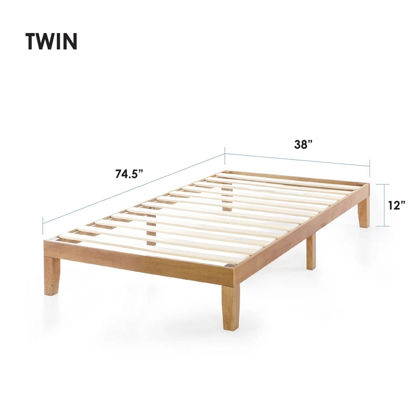 Armazón de cama individual de madera maciza con plataforma y acabado en madera natural