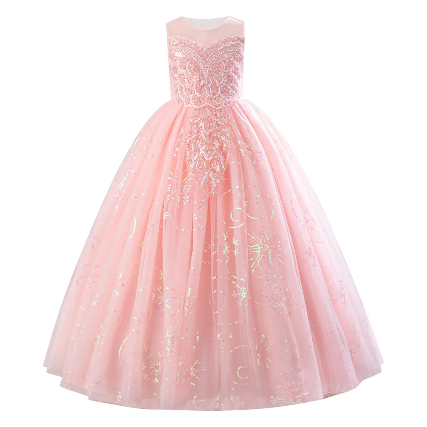 IDOPIP Sequin Appliques Flower Girl Dress for Kids-Wedding Bridesmaid Pageant Party Formal Long Maxi Gown Big Little Princess-First Communion-Birthday-Prom-Shiny Puffy Tulle Dresses - Pink - 11-12 Years - # GIAA221710006