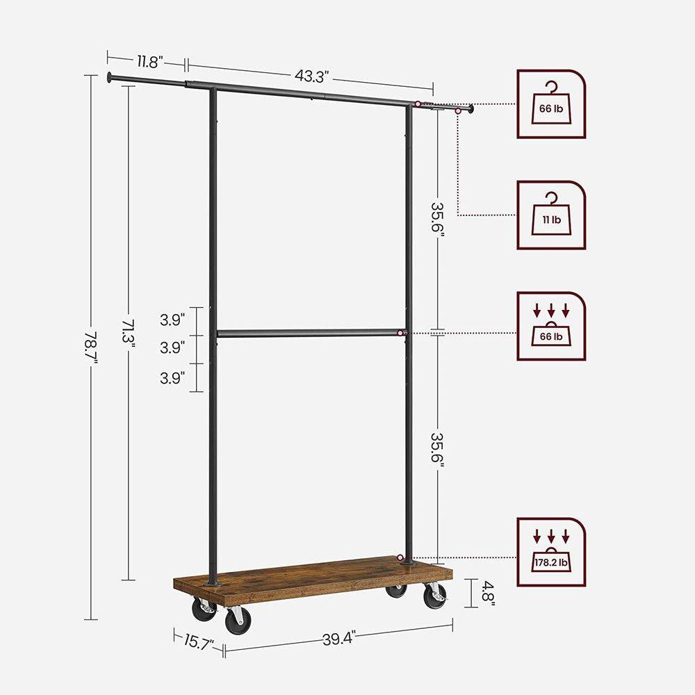 Estante para ropa estilo industrial, barra doble para colgar ropa, con ruedas
