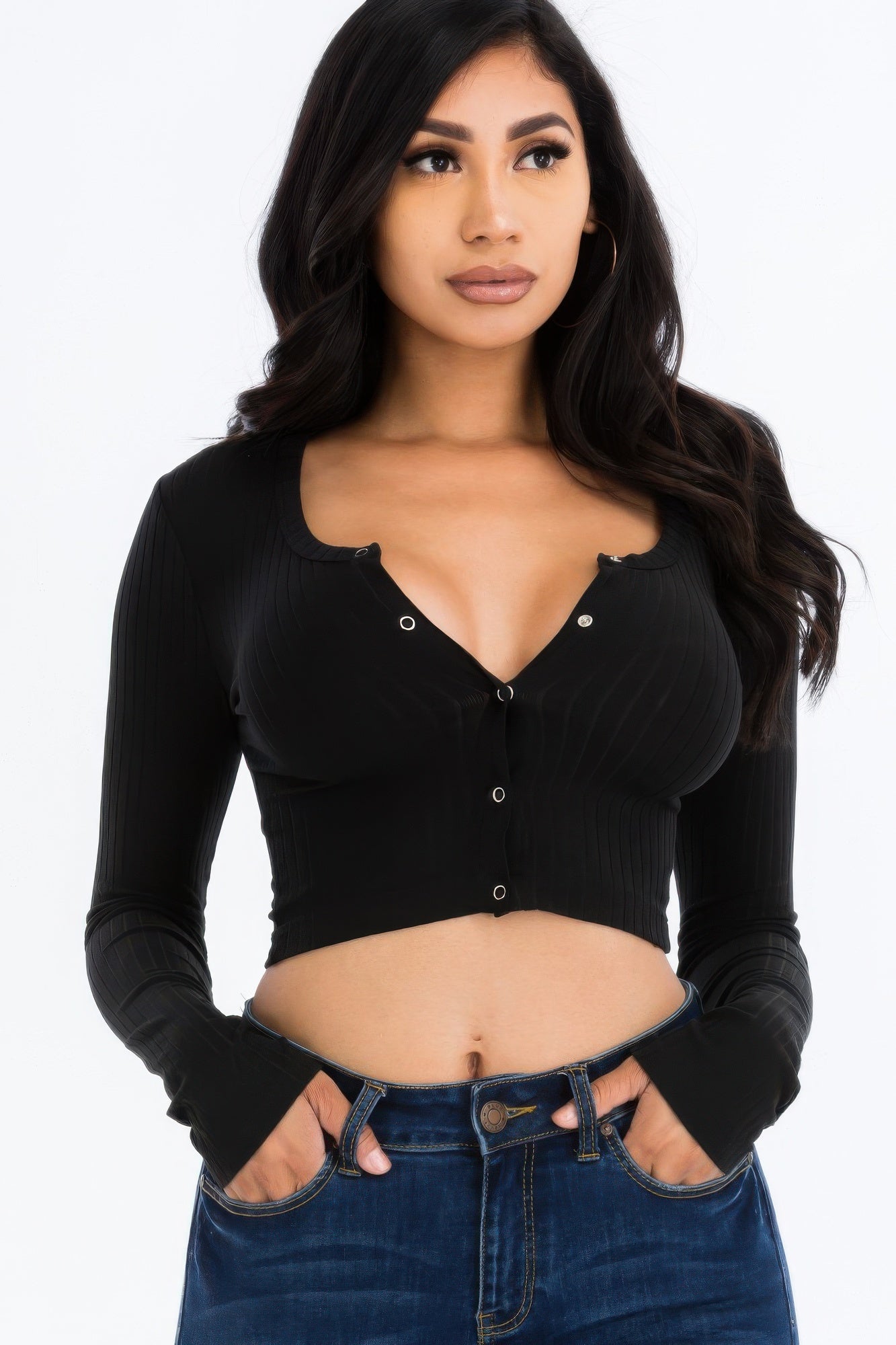 Ribbed Long Sleeve Snap Button Down Crop Top See size chart under “more details”