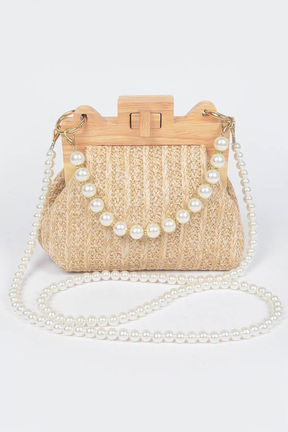 Faux Straw Wood Frame Clutch W/ Faux Pearl Chain