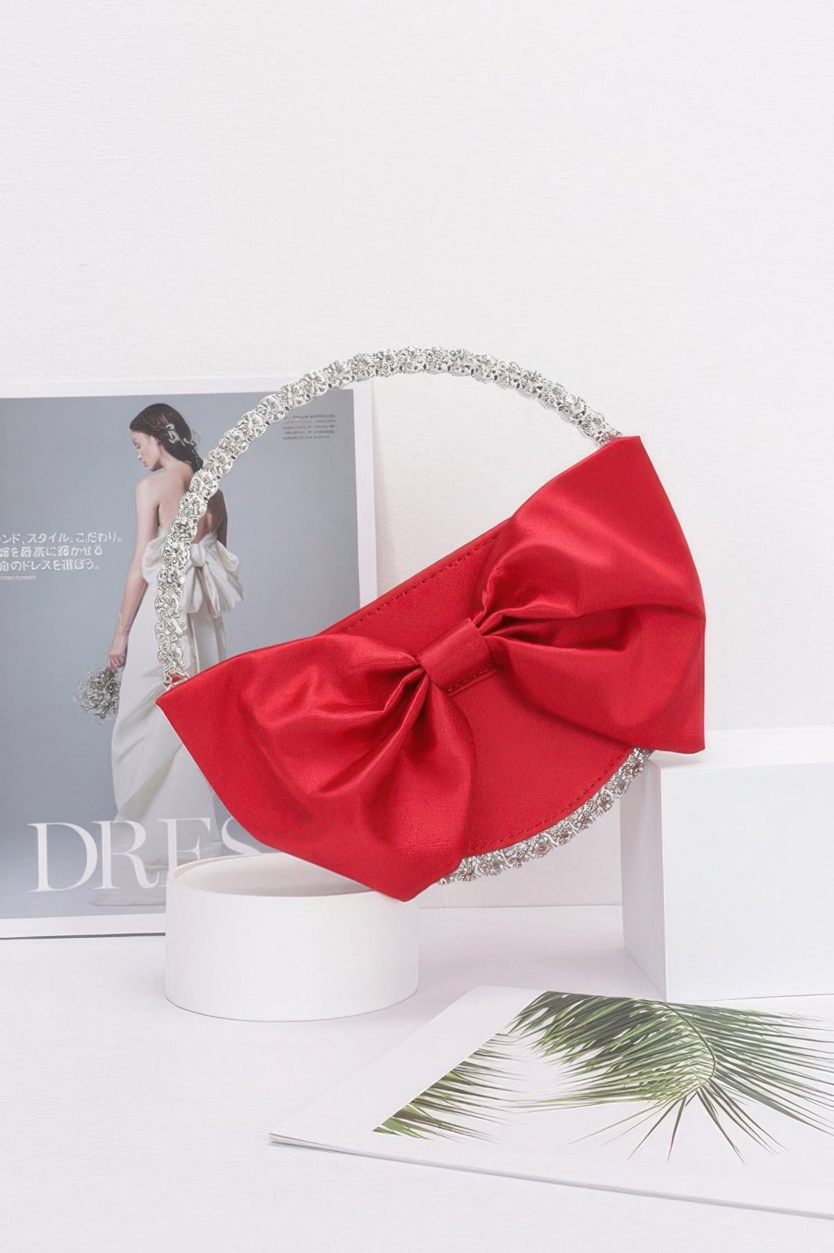 Satin Ribbon Round Rhinestone Metal Clutch
